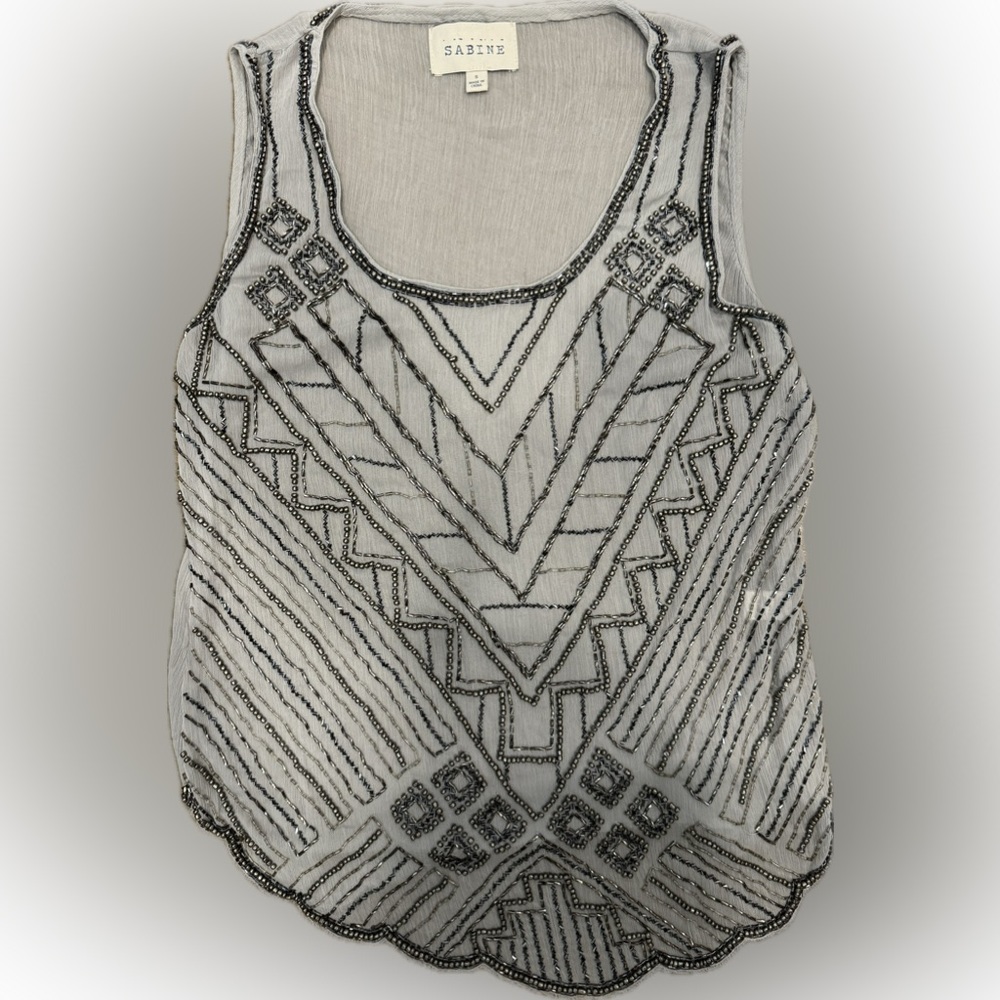 Sabine Women’s Gray Beaded Sparkle Sheer Tank - Small